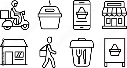 Food delivery service icons set with scooter and restaurant building