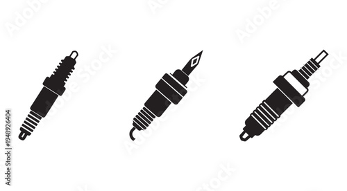 Black and white icons of a spark plug and a fountain pen and a car spark plug  simple line style illustrations of three different objects