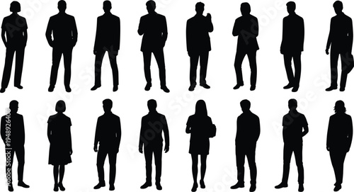 Silhouettes of diverse men and women standing in two rows people