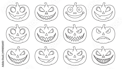 Pumpkins with various carved faces in a black and white line art style, perfect for Halloween decorations.