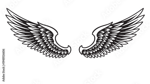 Wings black silhouette with stylized feathers and sharp points on white background, symbol of freedom and flight.