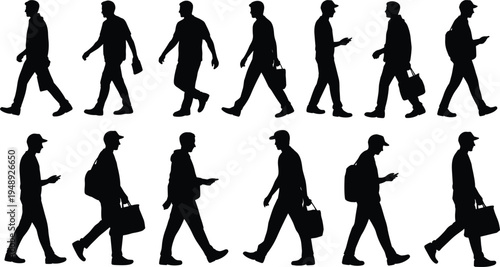 Silhouettes of men walking in two rows, some holding bags or phones people male