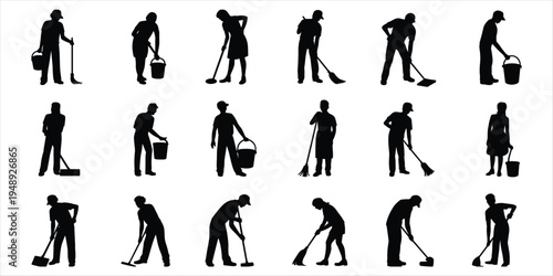 Silhouettes of people cleaning with brooms and buckets in various poses cleaner janitor