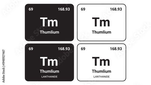 Thulium element periodic table tiles with atomic number, symbol, and atomic mass displayed, in black and white.