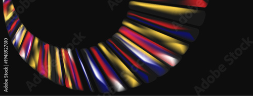 Abstract colorful lines forming curved shape. Dark background emphasizes vibrant hues, creating modern visual impact.