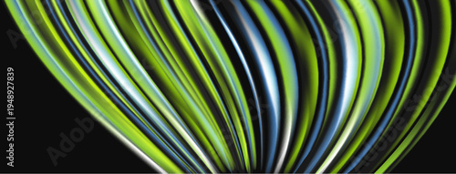 Abstract lines create dynamic visual flow. Green, blue hues dominate dark background. Modern design element.