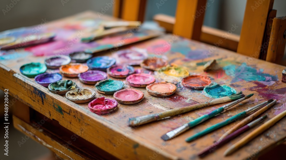 Fototapeta premium A vibrant wooden artist's palette covered in colorful watercolor paints and brushes, ready for creative expression