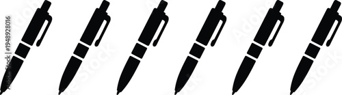 Six black silhouette icons of ballpoint pens on a white background writing stationery