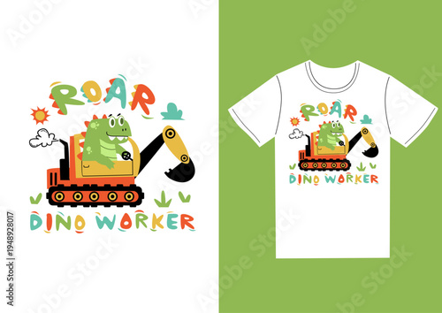 happy dinosaur t rex worker driving excavator cars vector flat cartoon design for kids apparel
