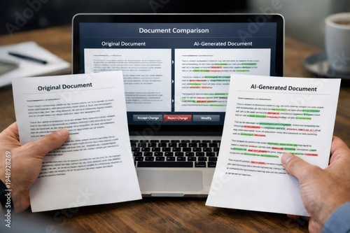 Hands holding papers over a laptop showing side by side document comparison highlighting differences between original text and ai generated content for editing and review