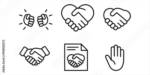Six Outline Icons Showing Handshakes Agreements and an Open Palm deal partnership