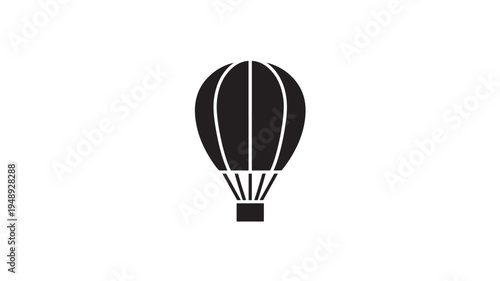 Hot air balloon simple black icon with vertical lines on its envelope and a basket below, isolated on white.