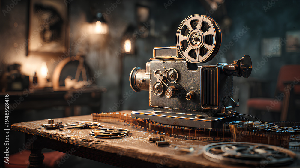 Fototapeta premium Retro film projector on wooden table with film reels and unrolled film strip in dim studio lighting showcasing nostalgic cinema history atmosphere