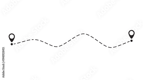 Location pins connected by a dashed line creating a winding route across the graphic white background.