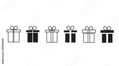 Gift boxes set with bows, offering both outline and filled solid black icon variations for diverse design applications.