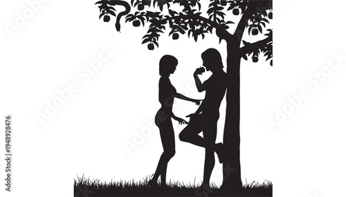 Tree silhouette with Adam and Eve figures and a serpent hanging from branches, depicting temptation and the forbidden fruit.