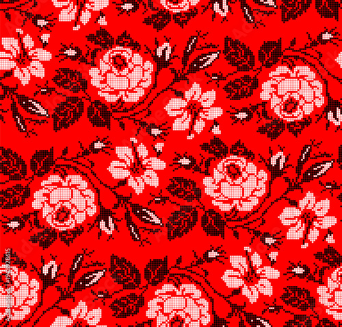 Seamless Ukrainian embroidery vector pattern with traditional vyshyvanka floral ornament. Red and black flowers with decorative branches and leaves 