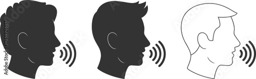 Three profile silhouettes of men speaking with sound waves on a white background Keywords: man, male, profile, silhouette, head