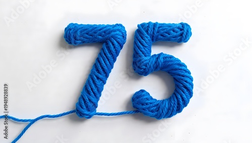 Blue Yarn Number Seventy-Five on White Background