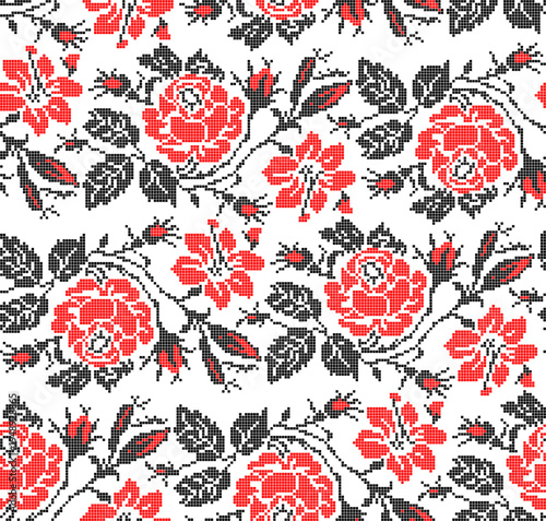 Seamless Ukrainian embroidery vector pattern with traditional vyshyvanka floral ornament. Red and black flowers with decorative branches and leaves 