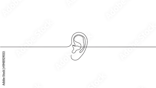 Ear single line drawing with a horizontal line passing through, representing listening and perception on a plain background