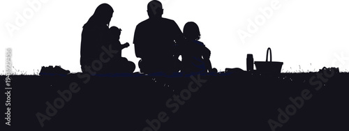Silhouette of happy family enjoying picnic outdoors together, parents with children sitting on grass, leisure bonding, summer lifestyle, nature relaxation, outdoor recreation, vector illustration