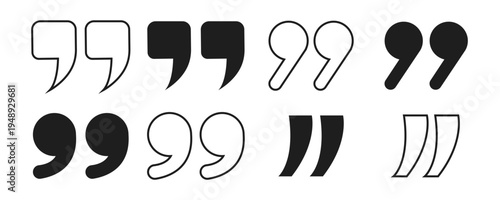 Quote icon set. Double quotation symbol. Chat, talk, speech, dialogue, quote, comment, message, discussion. Filled and outlined style