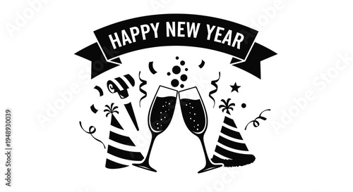 New year celebration with champagne glasses and festive decorations silhouette