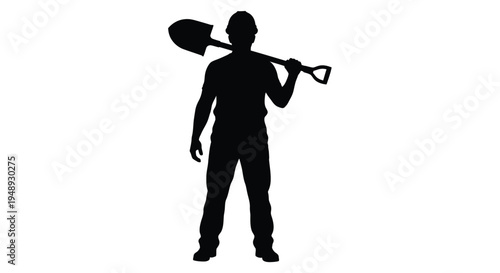 Worker carrying a shovel on shoulder stark black silhouette