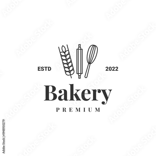Bakery premium logo with rolling pin and whisk