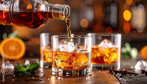 A close-up shows amber liquid being poured from a glass bottle into glasses with ice cubes, in a bar setting