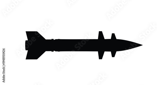 A stark black silhouette of a guided missile against a white background