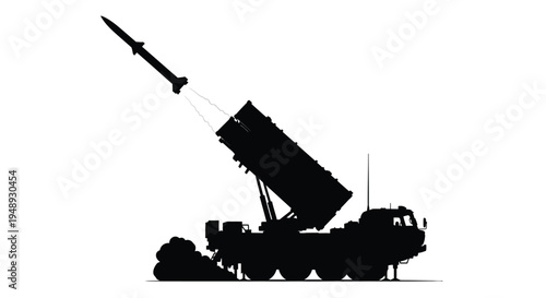 Military missile launcher system depicted in a stark black silhouette