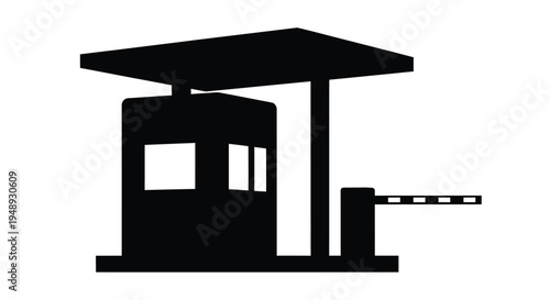 Black silhouette of a guard booth with a barrier arm security checkpoint silhouette