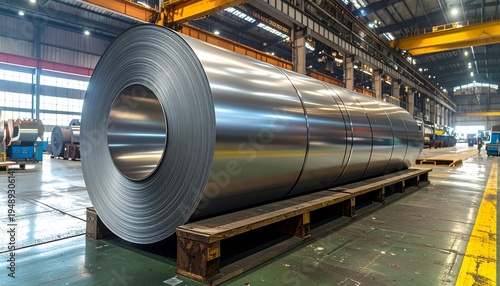 A massive roll of reflective sheet metal rests on a pallet in a clean warehouse, symbolizing industry, manufacturing, and the strength of modern materials.
