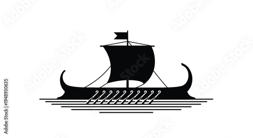 A black viking ship sailing on water boldly rendered as a silhouette