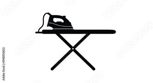 A black silhouette of an ironing board and iron on white background