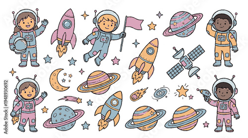 Cute astronauts and children explore space with rockets planets and satellites in a vibrant playful illustration