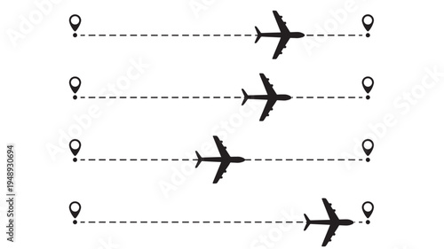 Airplanes flying along dashed lines with location pins indicating flight paths and destinations in a minimalist design.