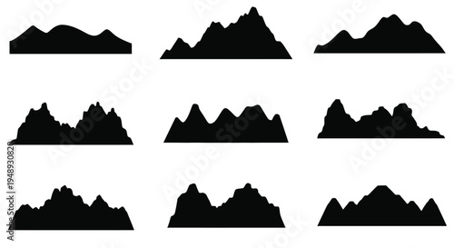 Nine black mountain range shapes displayed against a white background silhouette