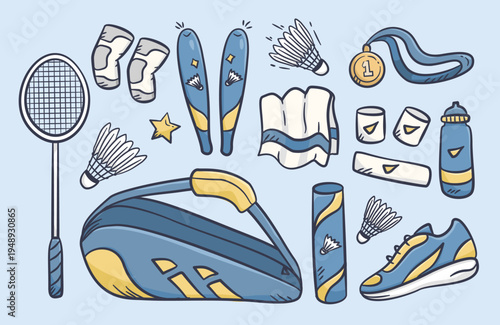 Badminton doodle set. Collection of badminton equipments hand drawn illustration. Sport kits vector elements containing of racket, shuttlecock, bag, shoes, towel, bottle, medal, knee pad.