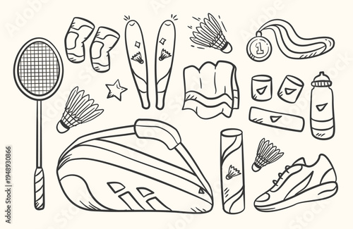 Badminton doodle set. Collection of badminton equipments hand drawn illustration. Sport kits vector elements containing of racket, shuttlecock, bag, shoes, towel, bottle, medal, knee pad.
