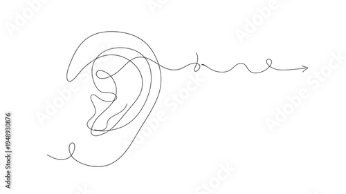 Ear drawn with a single continuous line with a wavy arrow indicating sound transmission, representing auditory perception and hearing.