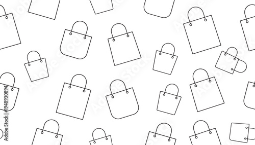 Shopping bags icon seamless pattern with simple black outlines on a white background. featuring bag, gift bag, retail with commerce and buy elements