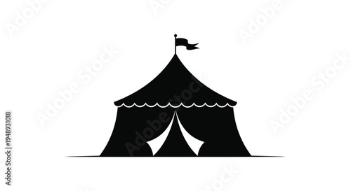 A striking black tent illustration with a fluttering flag silhouette