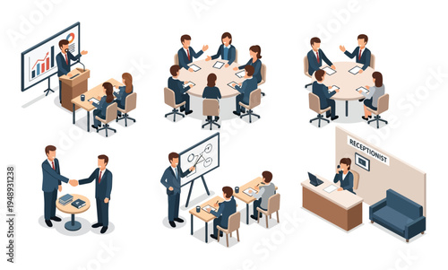 Wallpaper Mural Isometric Business Meeting and Office Work Scenarios. Torontodigital.ca