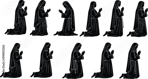Black Silhouette Collection of a Religious Woman Kneeling in Prayer Featuring a Nun Praying With Hands Together in Pious Devotion.