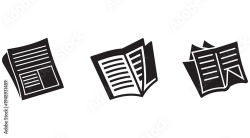 Black and white newspaper icons in different orientations and states  folded and unfolded pages