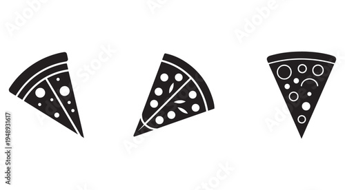 Black and white pizza slices with various toppings on white background  food icons