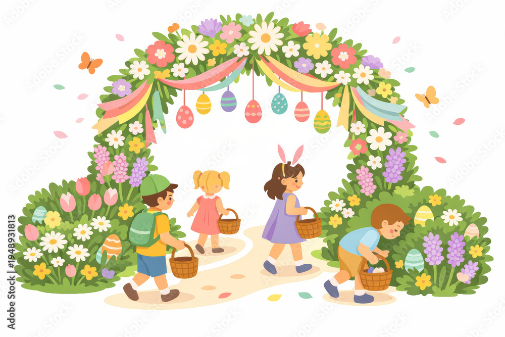 Obraz premium Children Walking Through Easter Flower Arch Garden Illustration